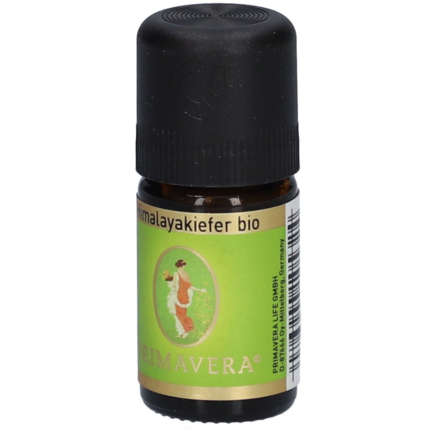 Braune Glasflasche mit schwarzem Deckel. Etikett mit Produktname und Logo. PRIMAVERA Himalayakiefer bio.