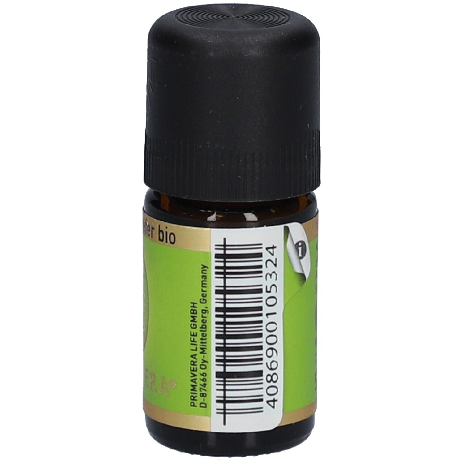 Braune Glasflasche mit schwarzem Deckel. Etikett mit Barcode und Produktinformationen. PRIMAVERA.