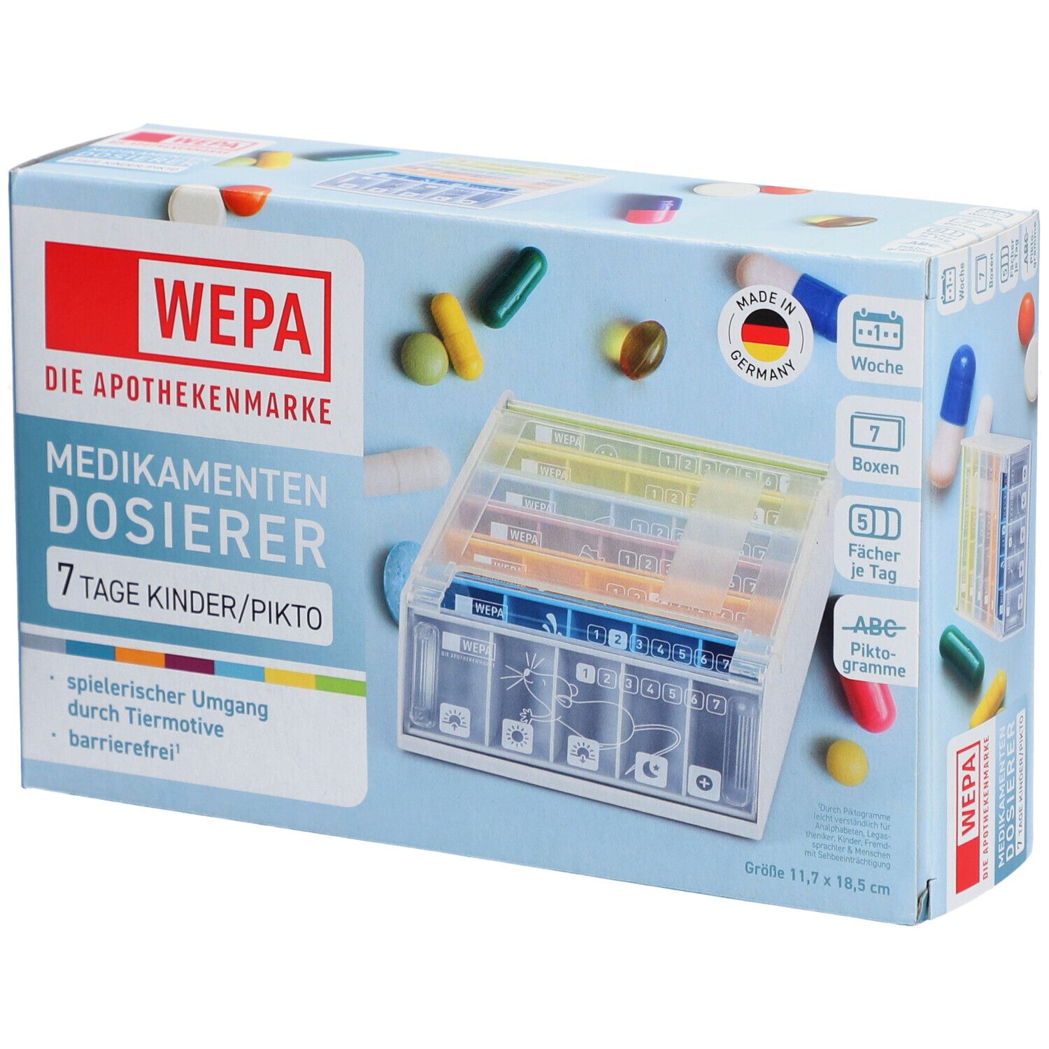 WEPA Medikamenten Dosierer 7 Tage Kinder/Piktogramme. Verpackung mit Pillen und Dosierer. 7 Fächer, Piktogramme, Made in Germany.