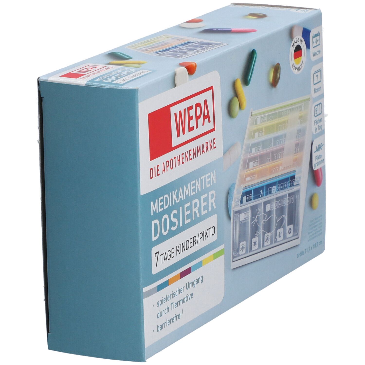 WEPA Medikamenten Dosierer 7 Tage Kinder/Piktogramme. Verpackung mit Dosierer und Pillen. Made in Germany. Blaue Verpackung.