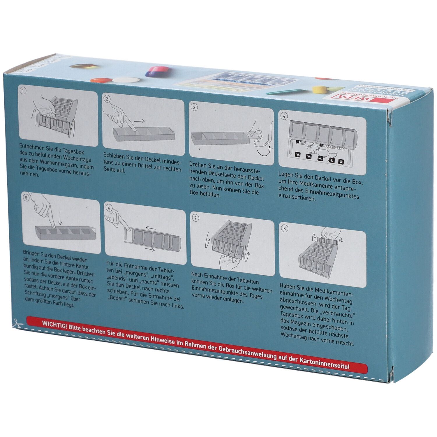 Rückseite der WEPA Medikamenten Dosierer Verpackung. Illustrationen zur Anwendung. Blaue Verpackung mit Text in Deutsch.