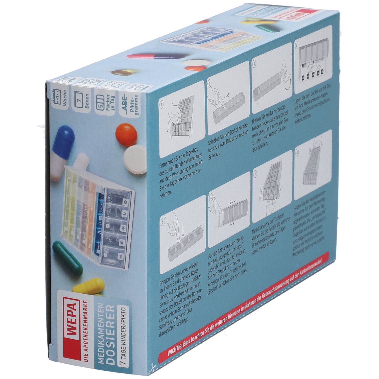 WEPA Medikamenten Dosierer Verpackung. Illustrationen zur Anwendung. Blaue Verpackung mit Dosierer und Pillen.