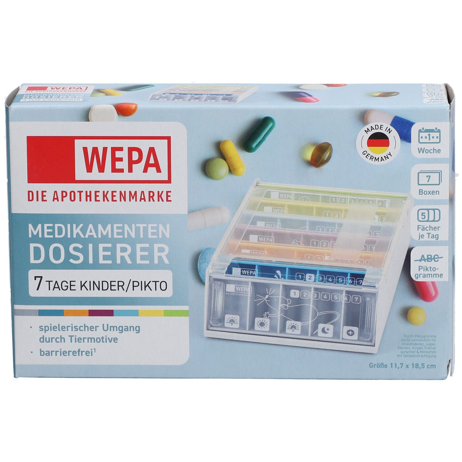 WEPA Medikamenten Dosierer 7 Tage Kinder/Piktogramme. Verpackung mit Dosierer und Pillen. Made in Germany. 7 Fächer.