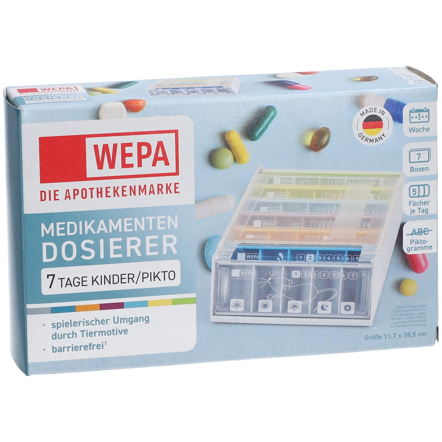 WEPA Medikamenten Dosierer 7 Tage Kinder/Piktogramme. Verpackung mit Dosierer und Pillen. Made in Germany. 7 Fächer.