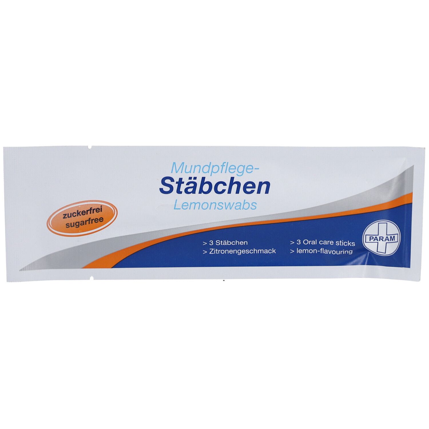 Verpackung mit Mundpflegestäbchen. Text: zuckerfrei, 3 Stäbchen, Zitronengeschmack, 3 Oral care sticks, lemon-flavouring.