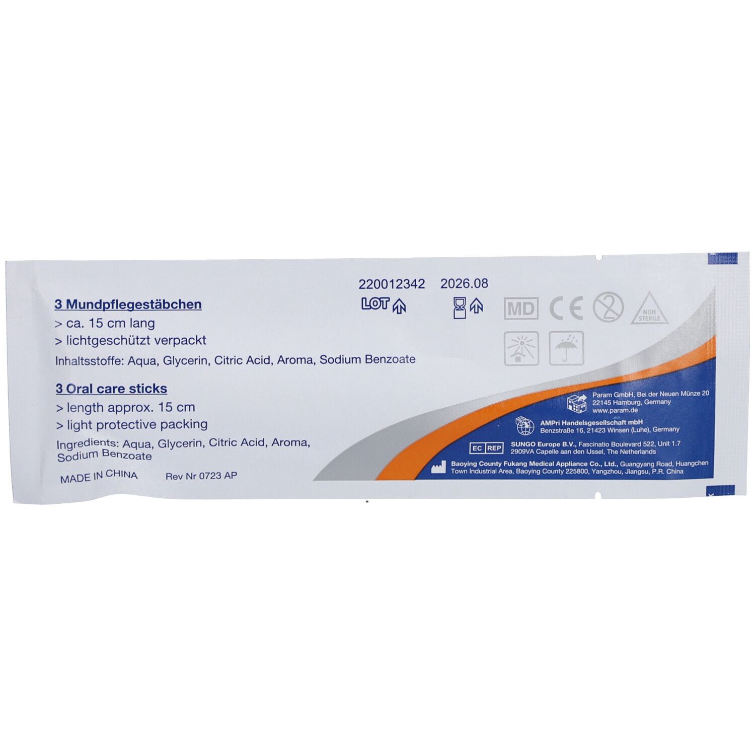 Rückseite der Verpackung mit Text: ca. 15 cm lang, lichtgeschützt verpackt, Inhaltsstoffe, 3 Oral care sticks, length approx. 15 cm.