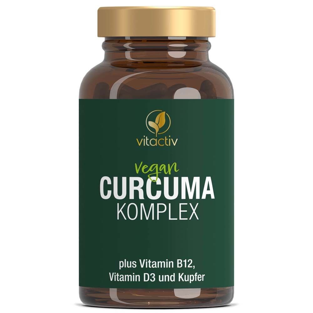 Braune Glasflasche mit grüner Etikett. Enthält Kapseln. Aufschrift: Vitactiv Vegan Curcuma Komplex.