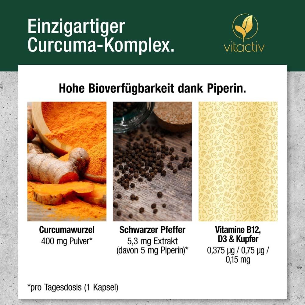 Drei Bilder: Curcumawurzel, schwarzer Pfeffer, Vitamin B12, D3 & Kupfer. Text: Hohe Bioverfügbarkeit dank Piperin.