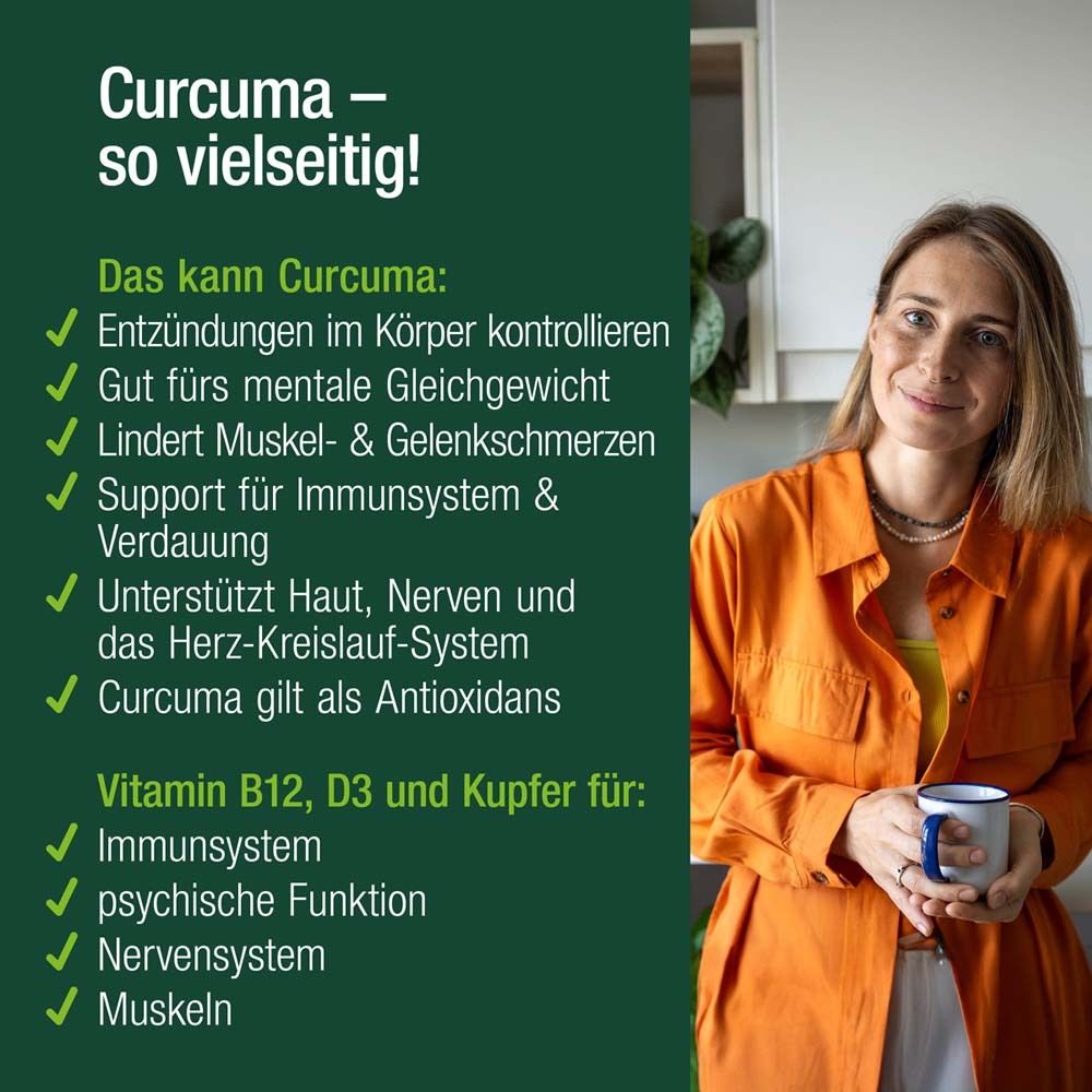 Frau mit Tasse. Text: Curcuma so vielseitig! Vorteile: Entzündungen, mentales Gleichgewicht, Muskeln, Immunsystem.