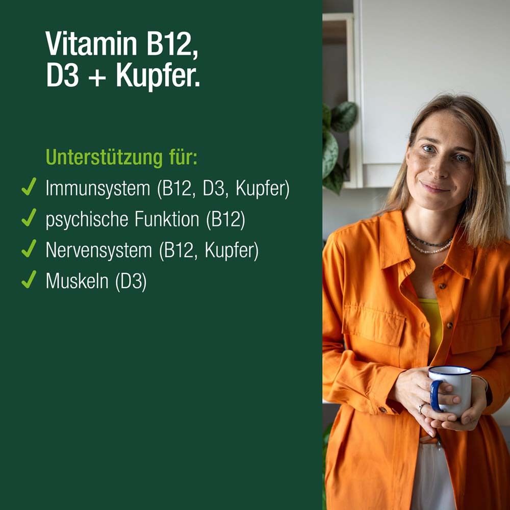 Frau mit Tasse. Text: Vitamin B12, D3 + Kupfer. Unterstützung für: Immunsystem, psychische Funktion, Nervensystem, Muskeln.