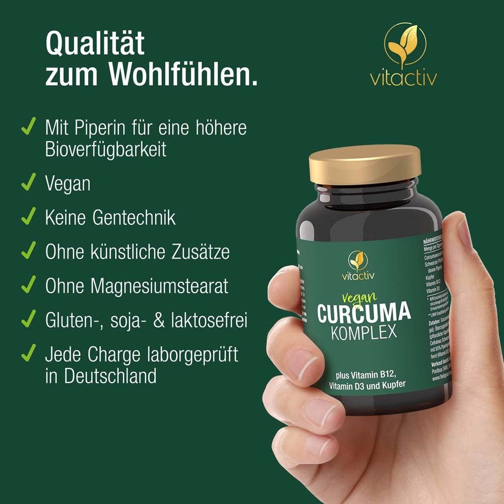 Hand hält Flasche mit Kapseln. Text: Qualität zum Wohlfühlen. Vegan, ohne Gentechnik, ohne Zusätze, glutenfrei.