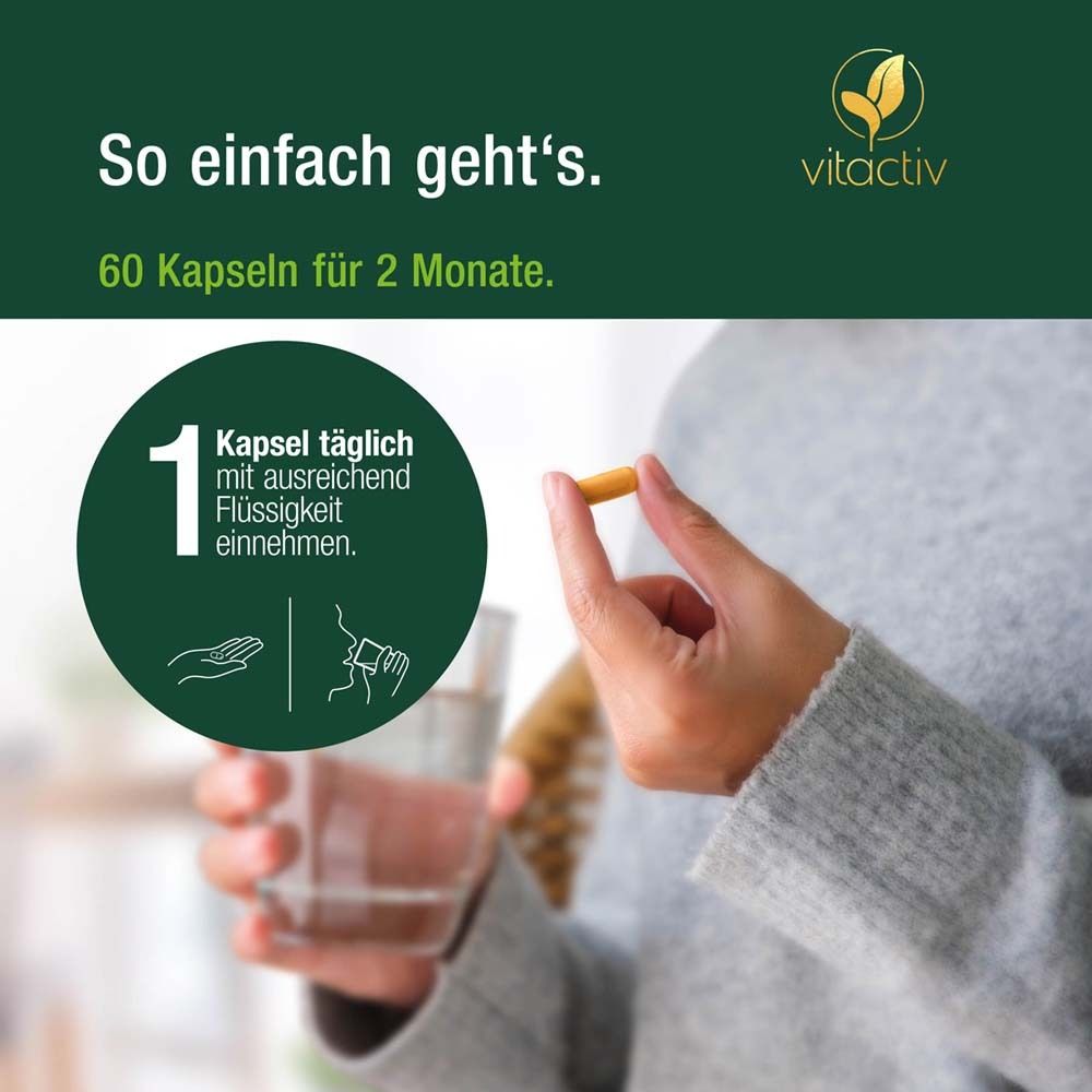 Hand hält Kapsel. Text: So einfach geht's. 1 Kapsel täglich mit Flüssigkeit einnehmen. 60 Kapseln für 2 Monate.