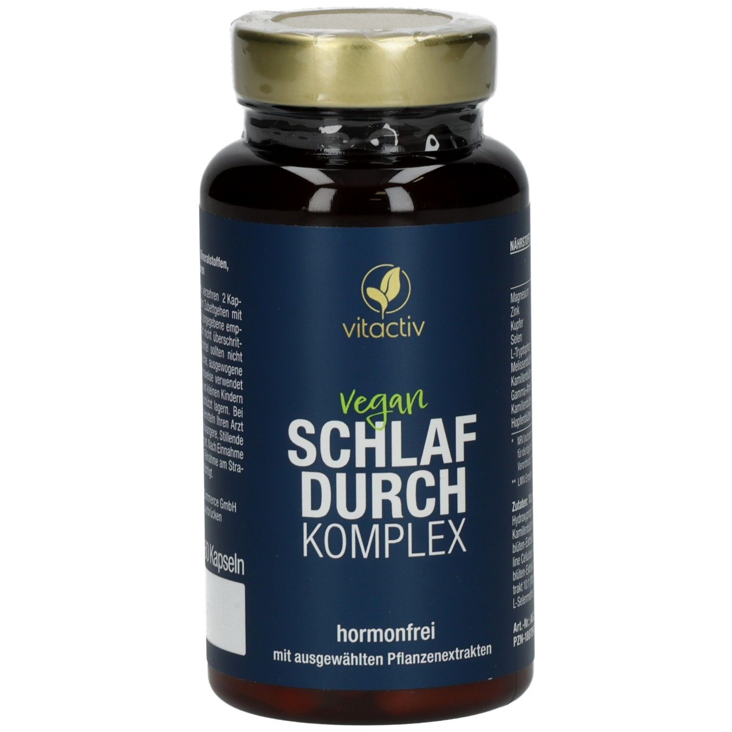 Braune Kapseln in einer Flasche mit goldenem Deckel. Aufschrift: Vegan SCHLAF DURCH KOMPLEX, vitactiv.