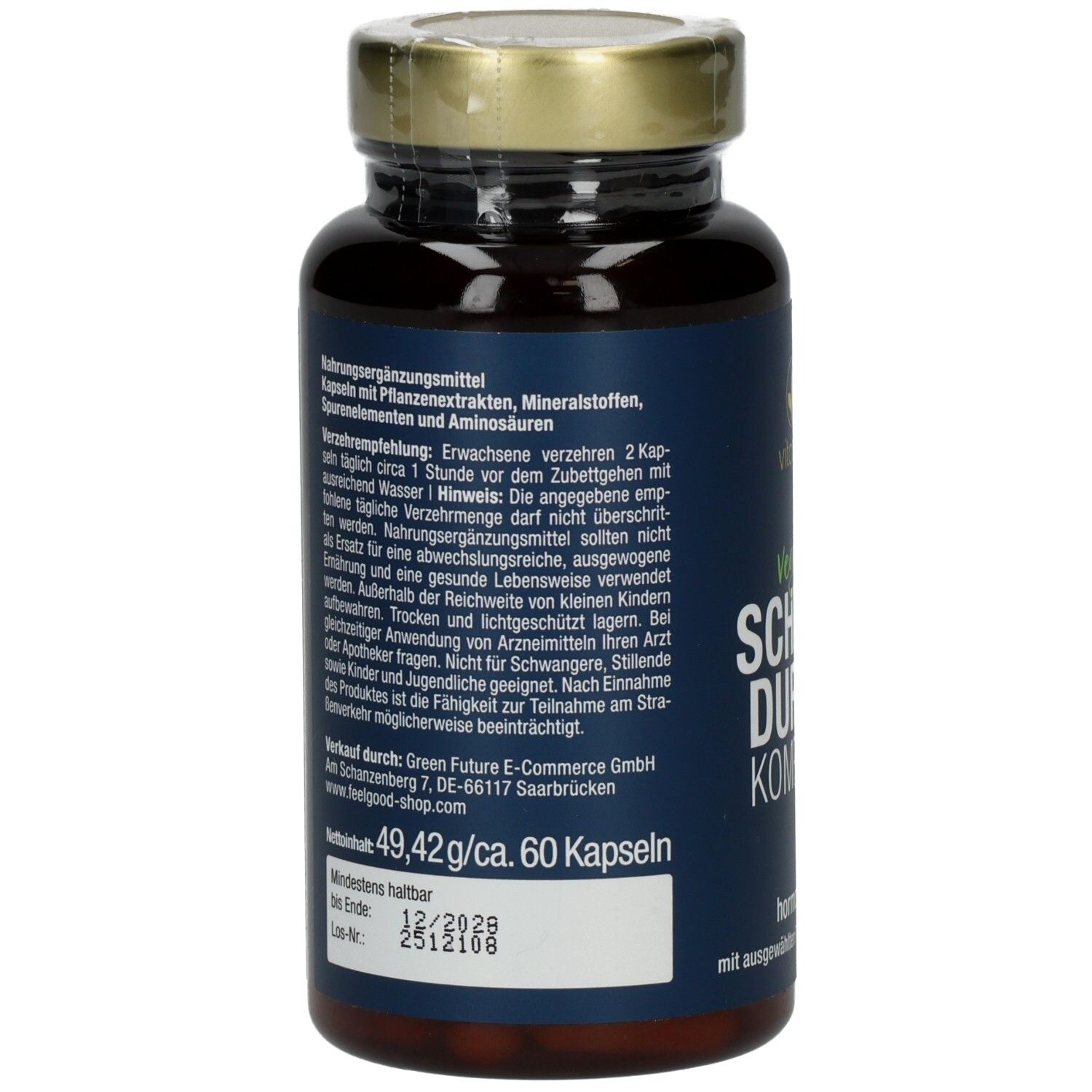 Rückseite der Flasche mit braunen Kapseln. Text: 49,42g/ca. 60 Kapseln. Mindestens haltbar bis 12/2028.