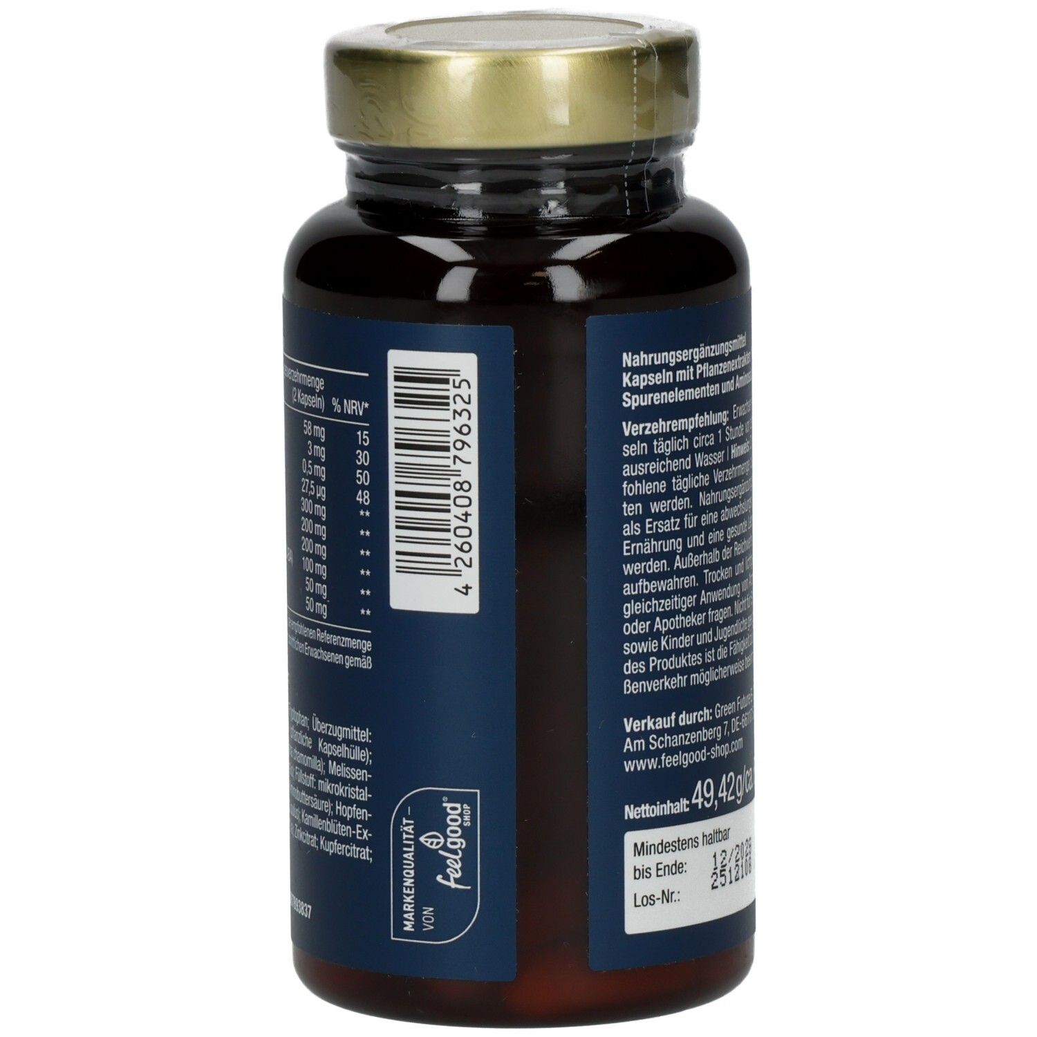 Rückseite der Flasche mit braunen Kapseln. Barcode und Text: 49,42g, feelgood-shop.