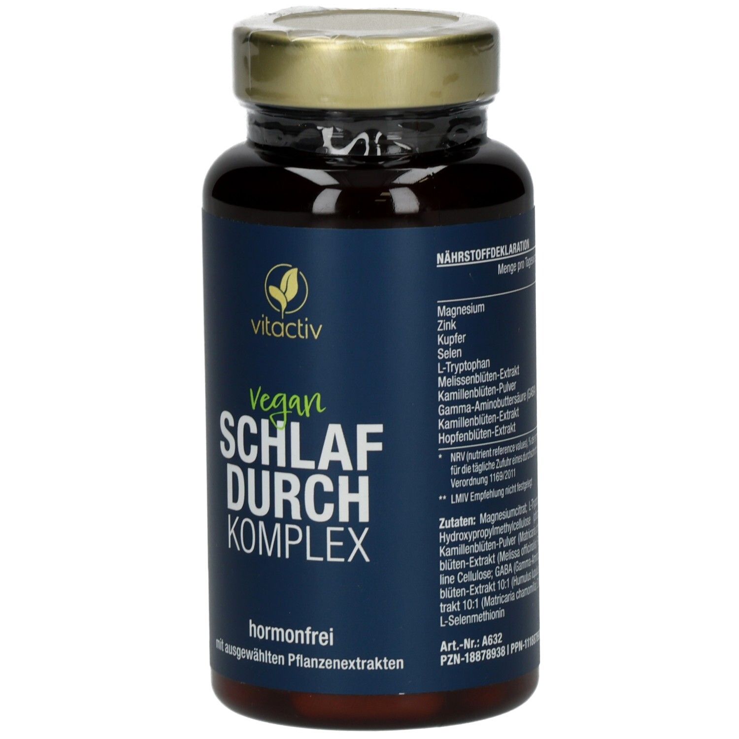Braune Kapseln in einer Flasche mit goldenem Deckel. Aufschrift: Vegan SCHLAF DURCH KOMPLEX, vitactiv. Zutatenliste.