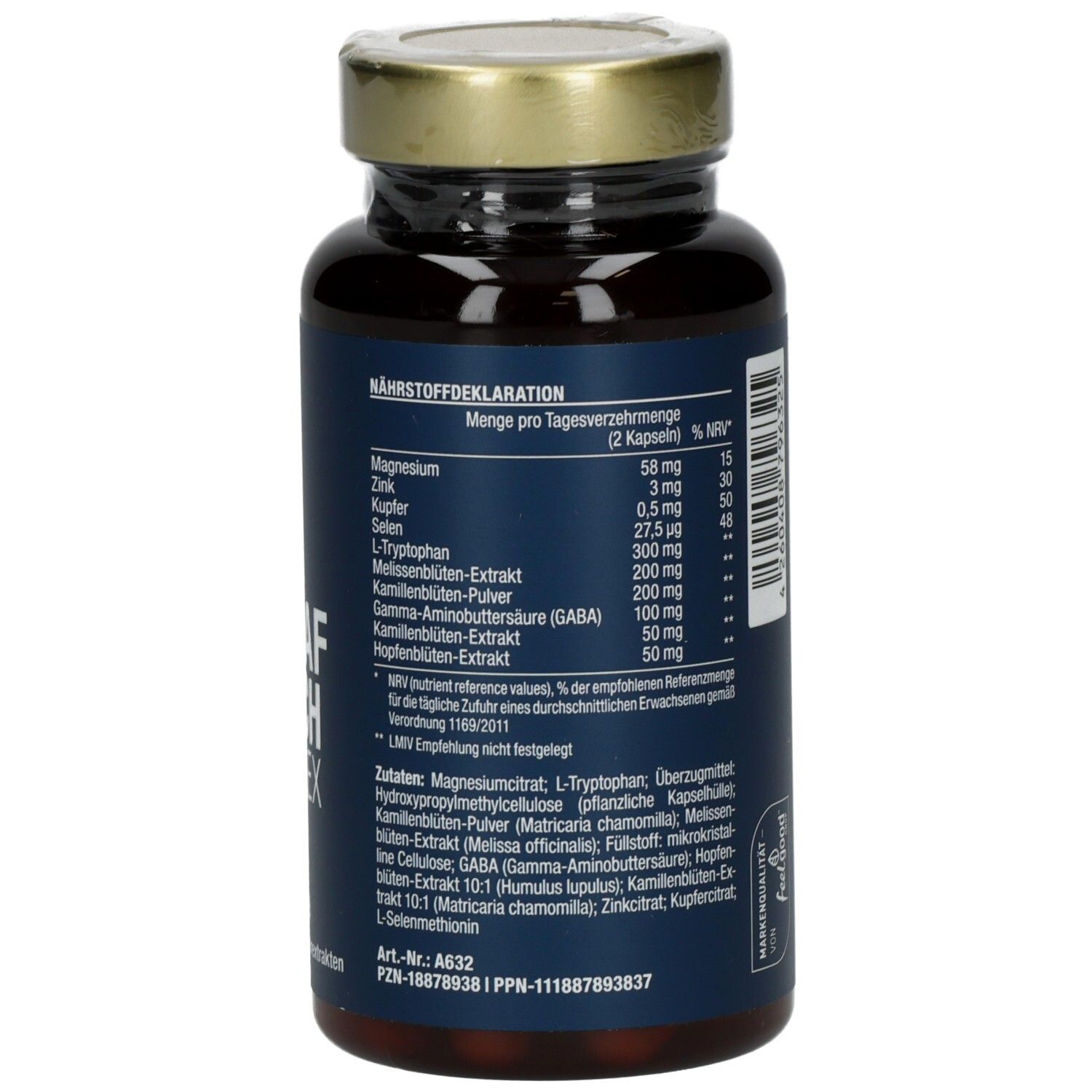 Rückseite der Flasche mit braunen Kapseln. Nährstoffdeklaration und Zutatenliste.