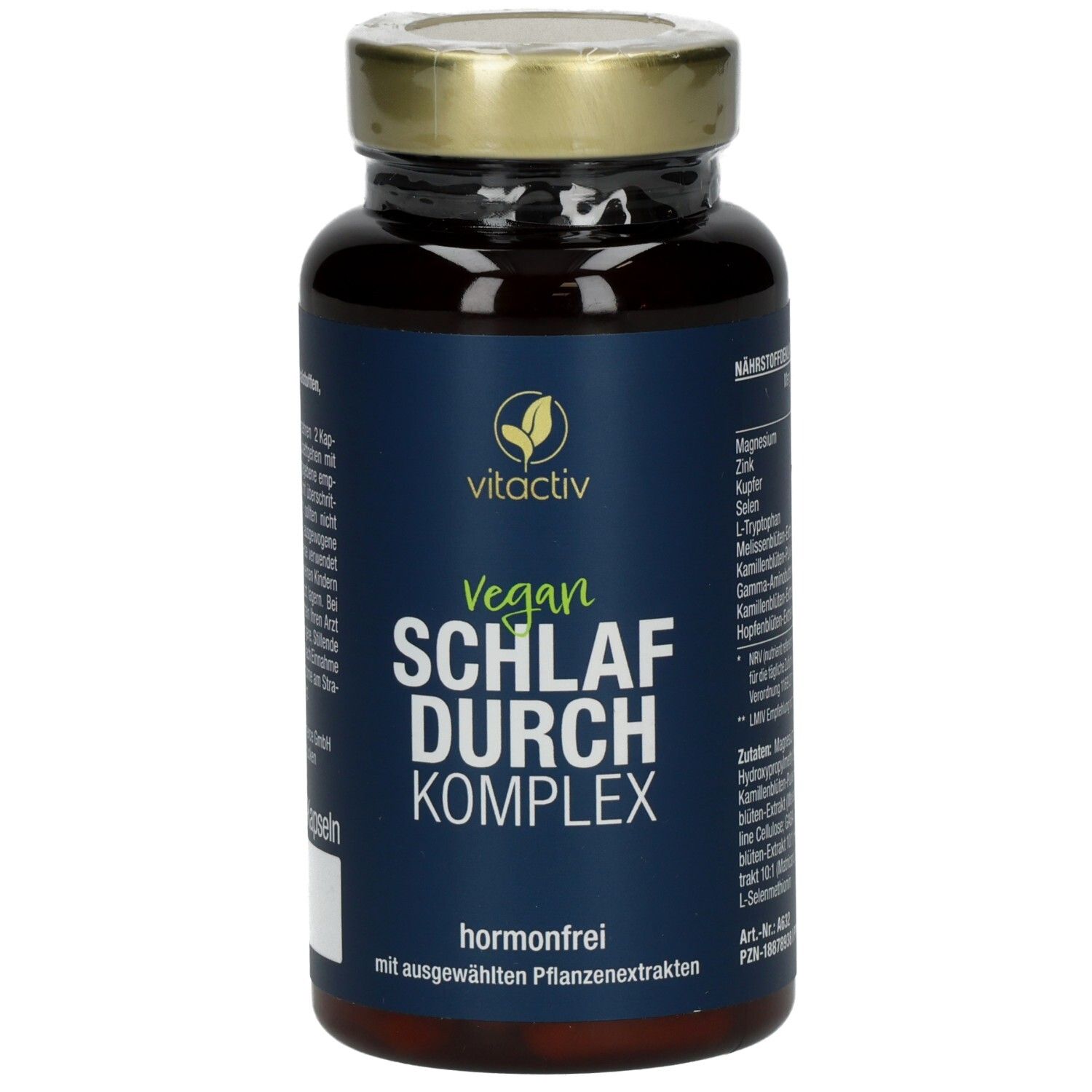 Braune Kapseln in einer Flasche mit goldenem Deckel. Aufschrift: Vegan SCHLAF DURCH KOMPLEX, vitactiv.