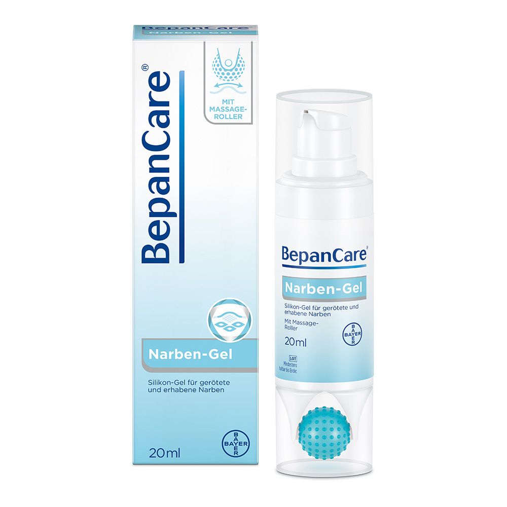 BepanCare Narben-Gel und Verpackung. Gel mit Massage-Roller. 20ml Flasche und Schachtel.