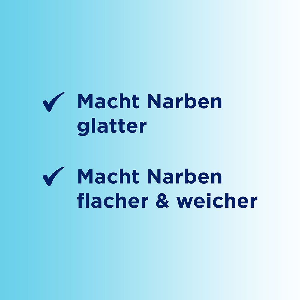Text: Macht Narben glatter. Macht Narben flacher & weicher. Blaue Check-Markierungen.