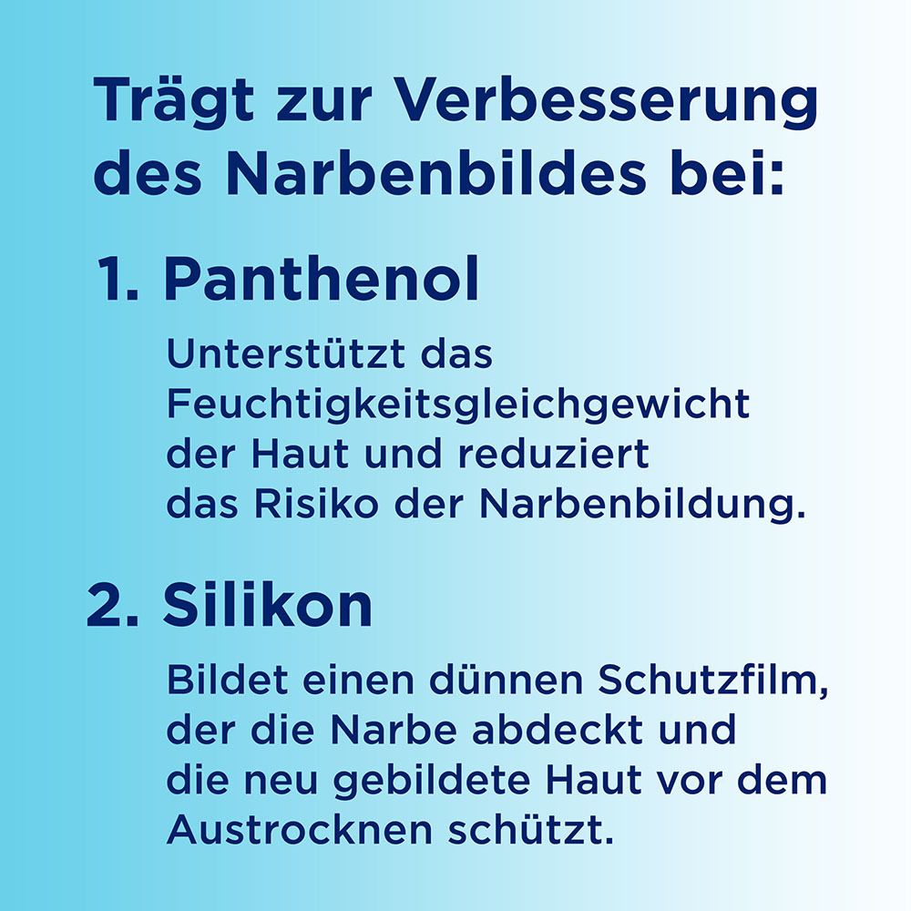 Text: Trägt zur Verbesserung des Narbenbildes bei: 1. Panthenol. 2. Silikon. 3. Massage-Roller.