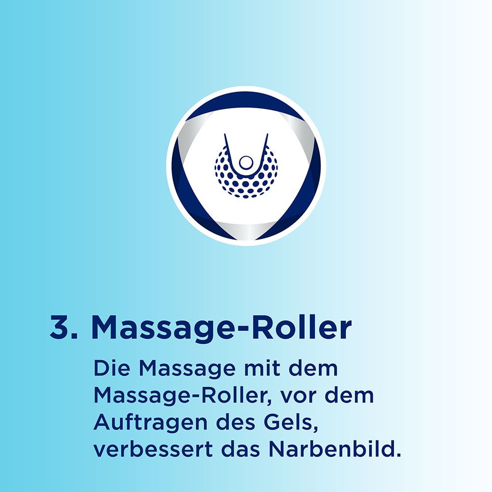 Text: 3. Massage-Roller. Die Massage mit dem Massage-Roller, vor dem Auftragen des Gels, verbessert das Narbenbild.