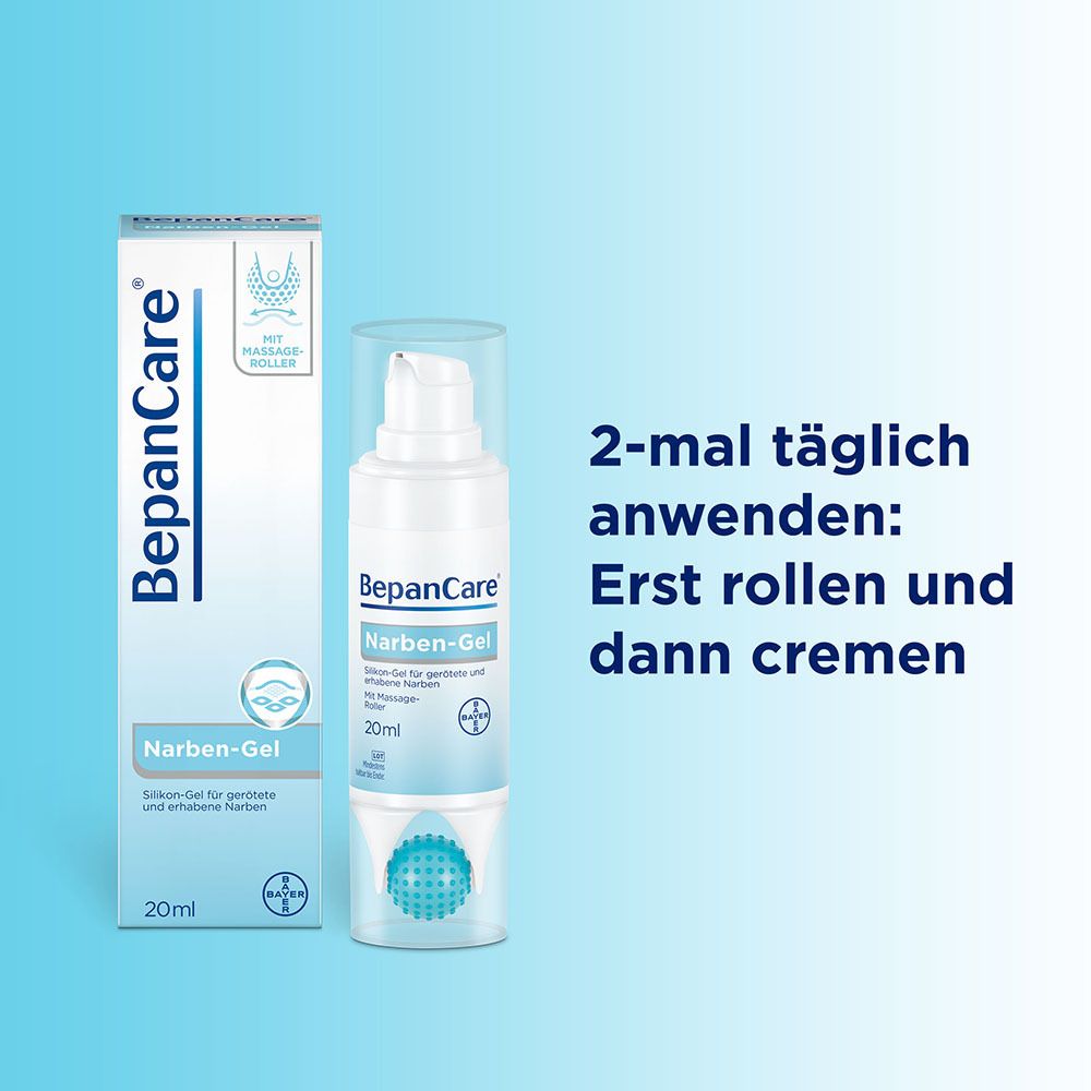 BepanCare Narben-Gel und Verpackung. Text: 2-mal täglich anwenden: Erst rollen und dann cremen. 20ml Flasche.
