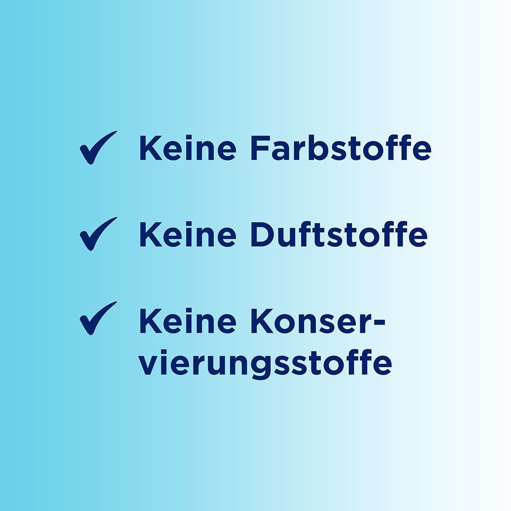 Text: Keine Farbstoffe. Keine Duftstoffe. Keine Konservierungsstoffe. Blaue Check-Markierungen.