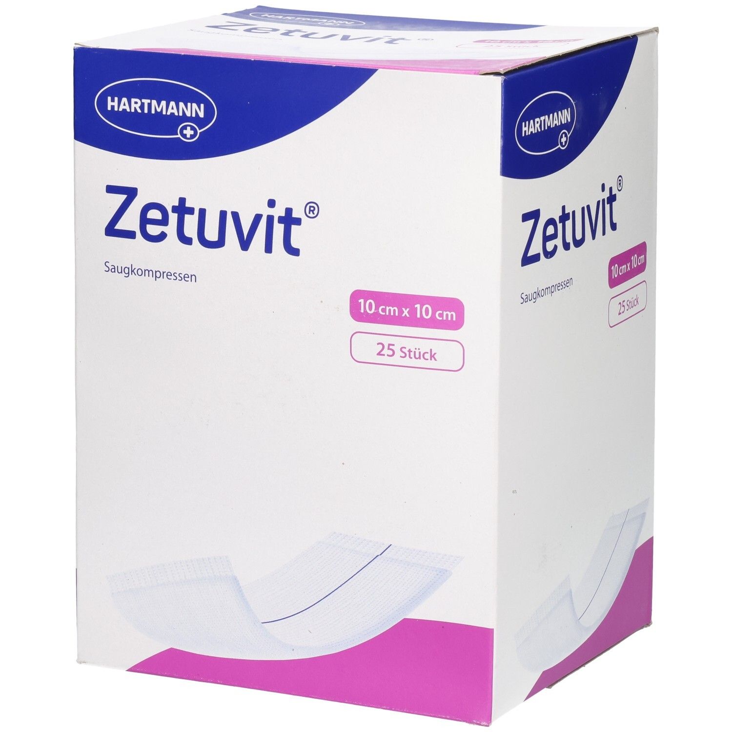 Hartmann Zetuvit Saugkompressen-Box. Enthält 25 Stück, 10 cm x 10 cm. Weiß, blau und pinkfarbenes Design. Hartmann-Logo oben.