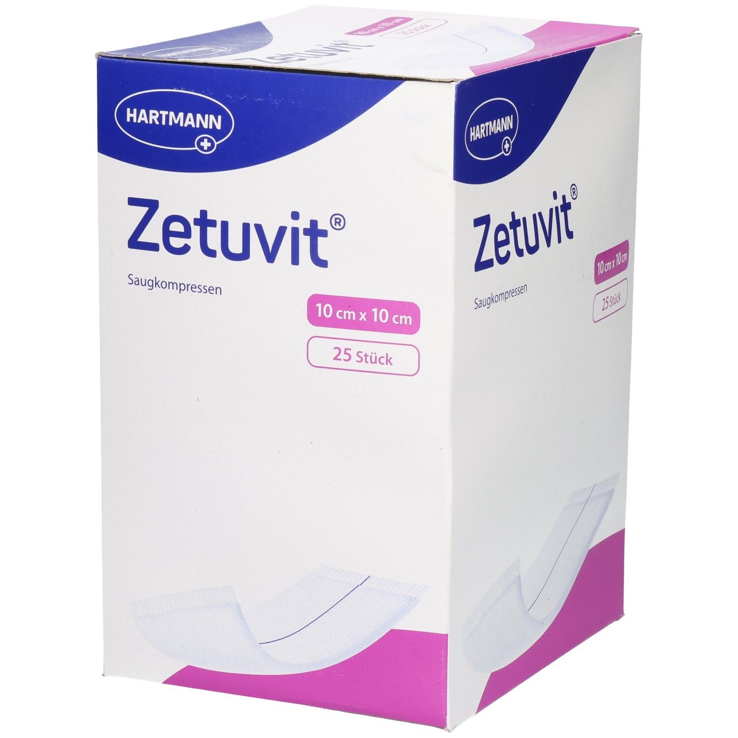 Hartmann Zetuvit Saugkompressen-Box. Enthält 25 Stück, 10 cm x 10 cm. Weiß, blau und pinkfarbenes Design. Hartmann-Logo.
