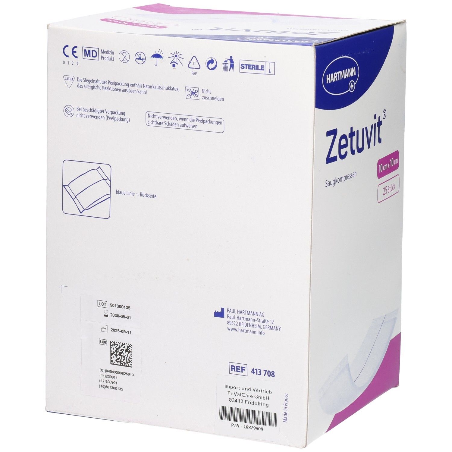 Rückseite der Hartmann Zetuvit Saugkompressen-Box. Enthält Informationen und Symbole. CE-Kennzeichnung. Ref. 413 708.