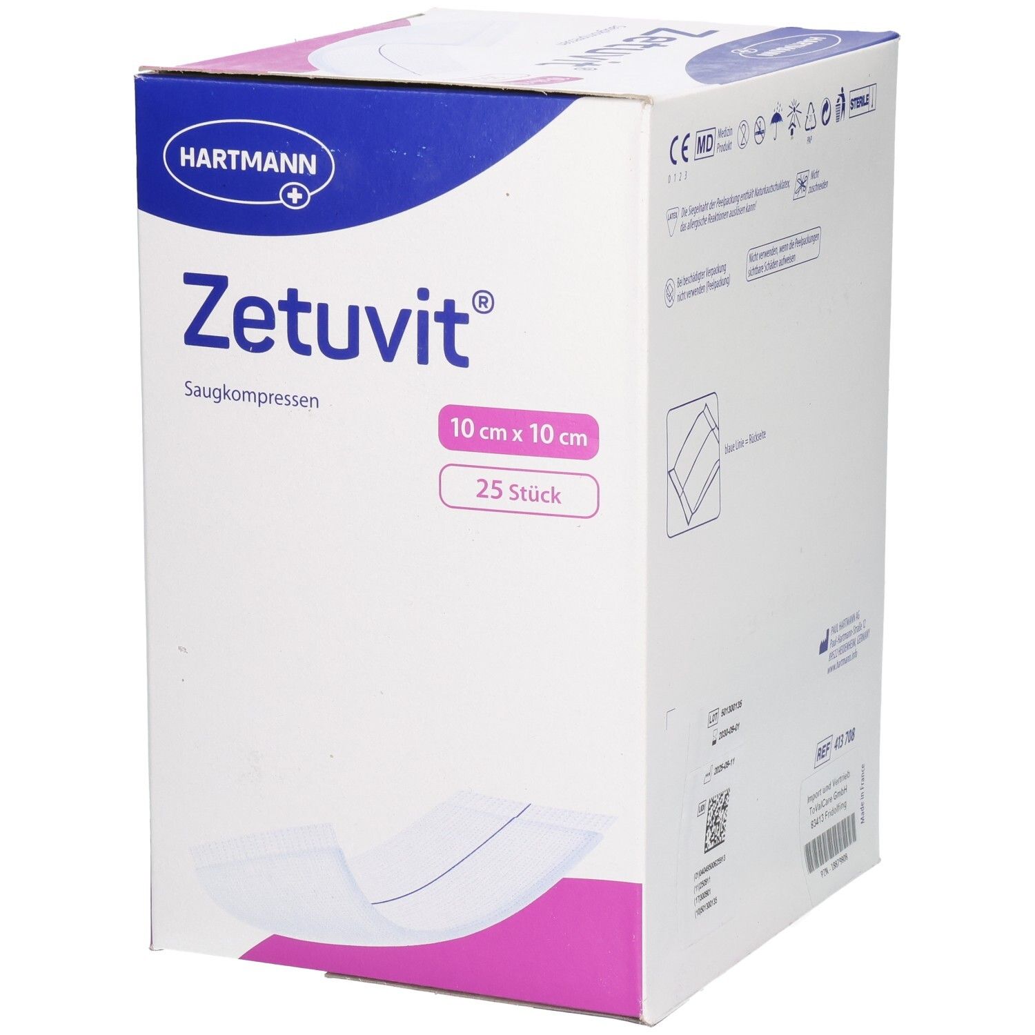 Hartmann Zetuvit Saugkompressen-Box. Enthält 25 Stück, 10 cm x 10 cm. Weiß, blau und pinkfarbenes Design. Hartmann-Logo.