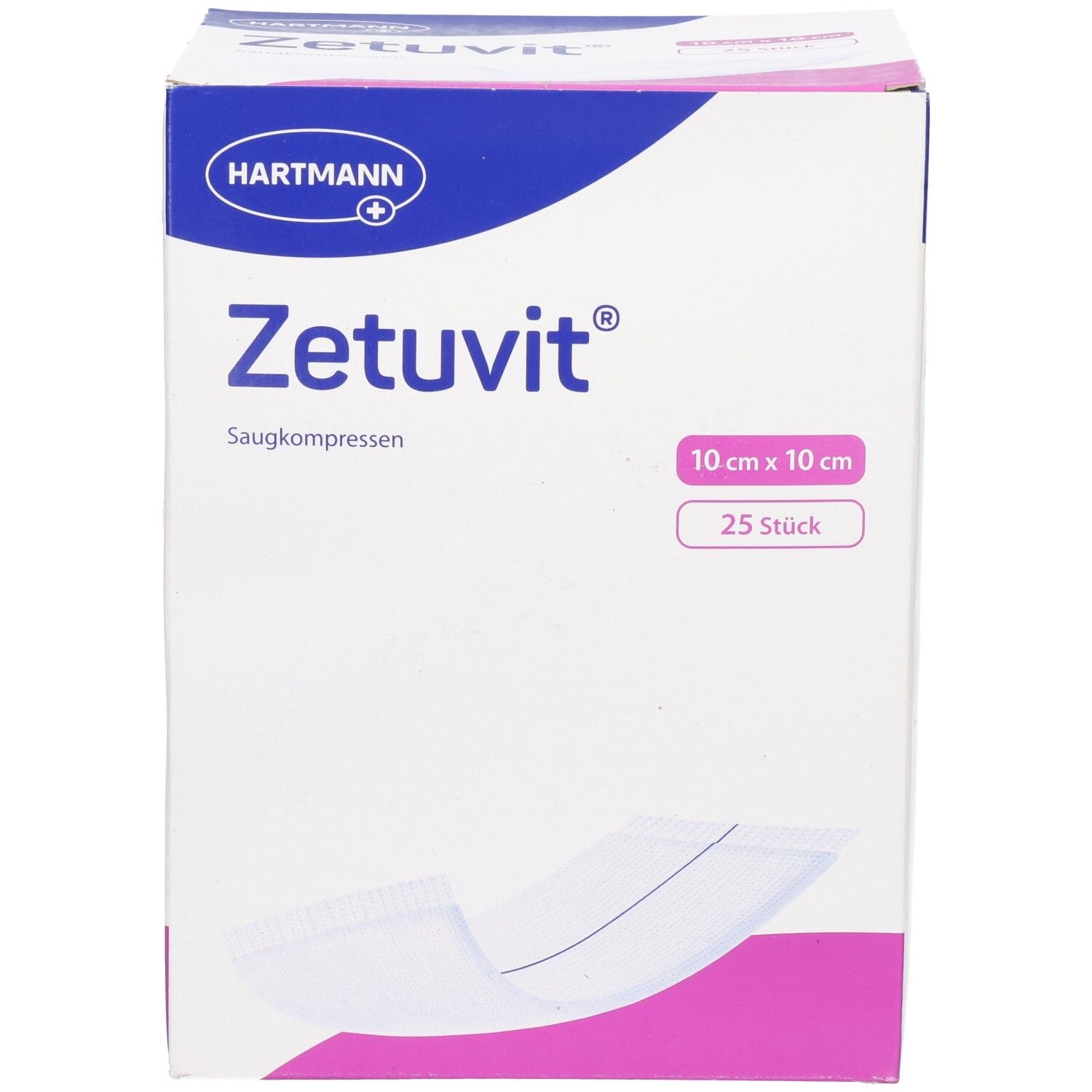 Hartmann Zetuvit Saugkompressen-Box. Enthält 25 Stück, 10 cm x 10 cm. Weiß, blau und pinkfarbenes Design. Hartmann-Logo.