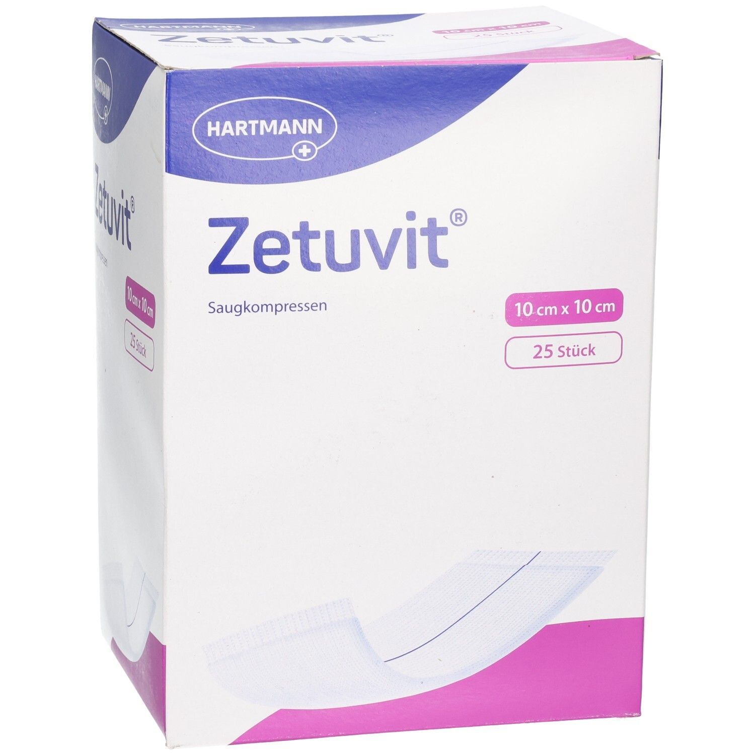 Hartmann Zetuvit Saugkompressen-Box. Enthält 25 Stück, 10 cm x 10 cm. Weiß, blau und pinkfarbenes Design. Hartmann-Logo.