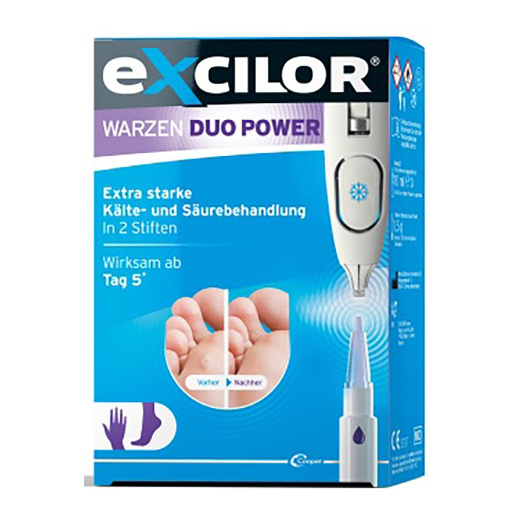 Packung von Excilor Warzen Duo Power mit zwei Stiften zur Kälte- und Säurebehandlung.