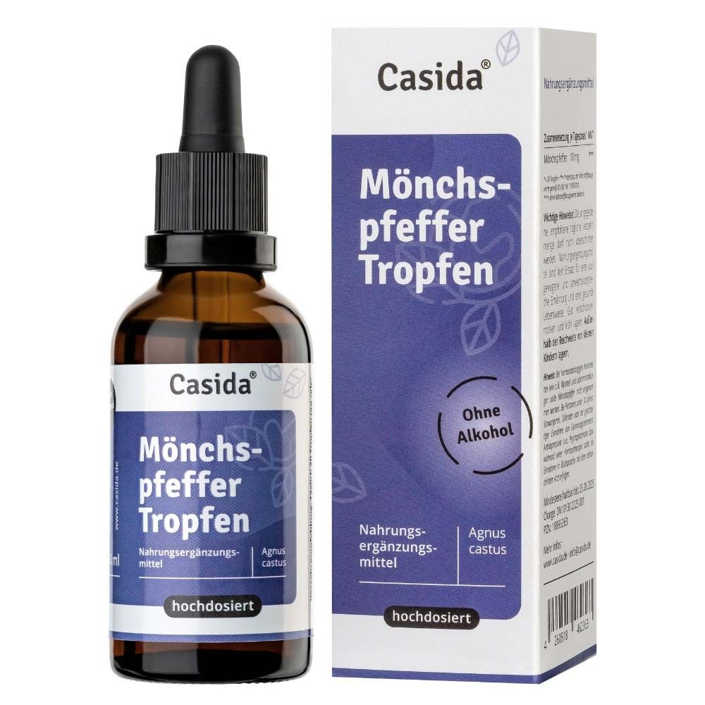 Braune Glasflasche mit Tropfer und weiß-lila Etikett. Karton mit Produktname und Logo.