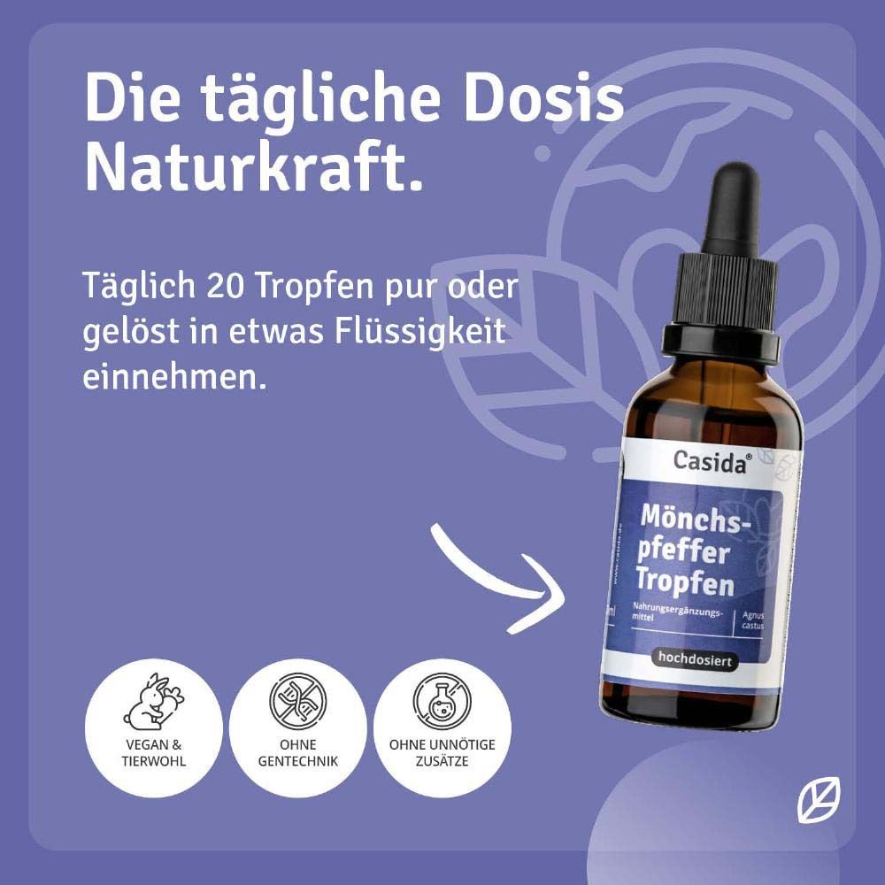Produktflasche mit Tropfer, umgeben von lila Hintergrund. Text: Tägliche Dosis Naturkraft. Vegan & tierwohl.