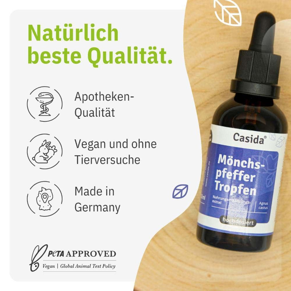 Produktflasche mit Tropfer auf Holz. Text: Natürlich beste Qualität. Apotheken-Qualität, vegan, Made in Germany.