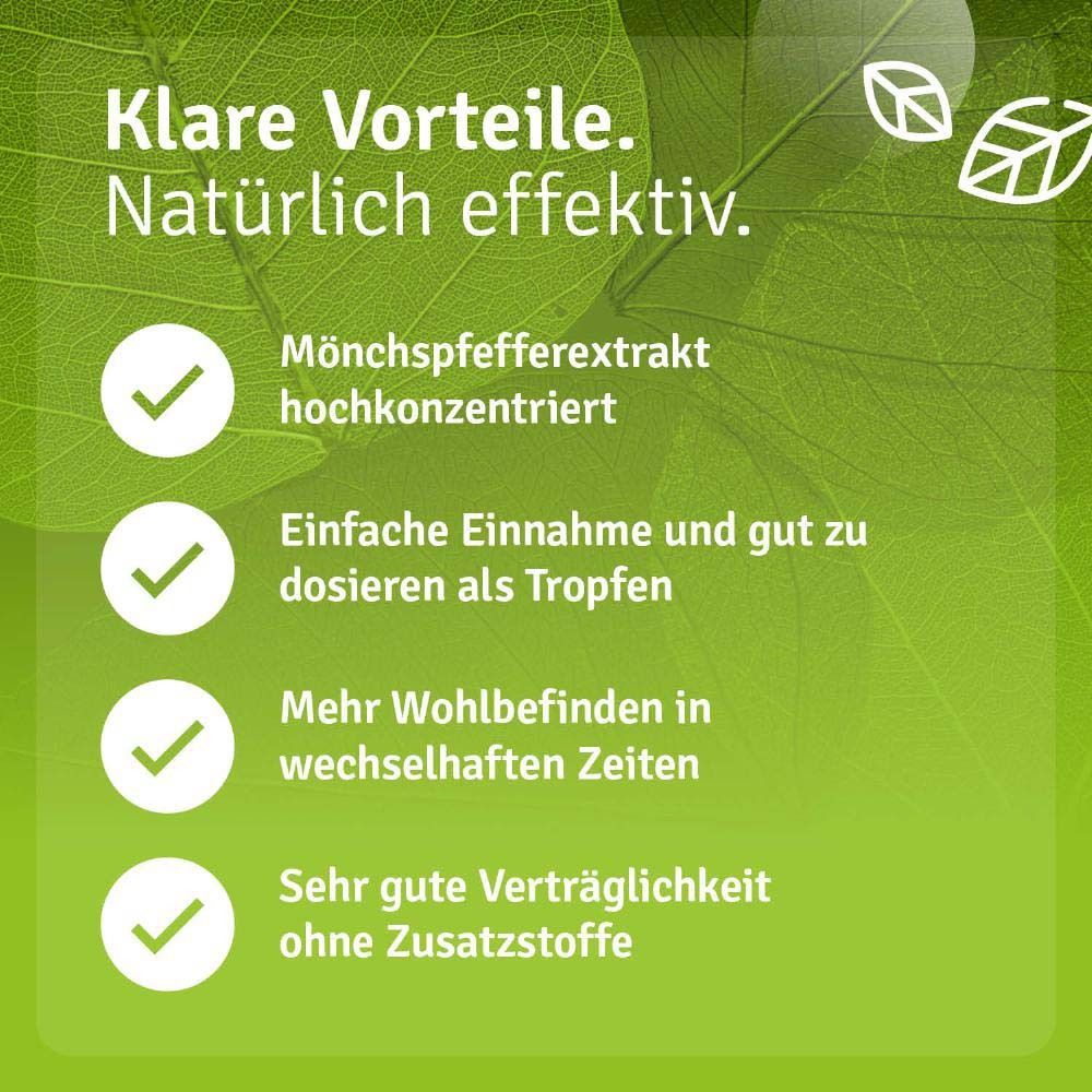 Produktflasche mit Tropfer auf lila Hintergrund. Text: Klare Vorteile. Mönchspfefferextrakt, einfache Einnahme, Verträglichkeit.