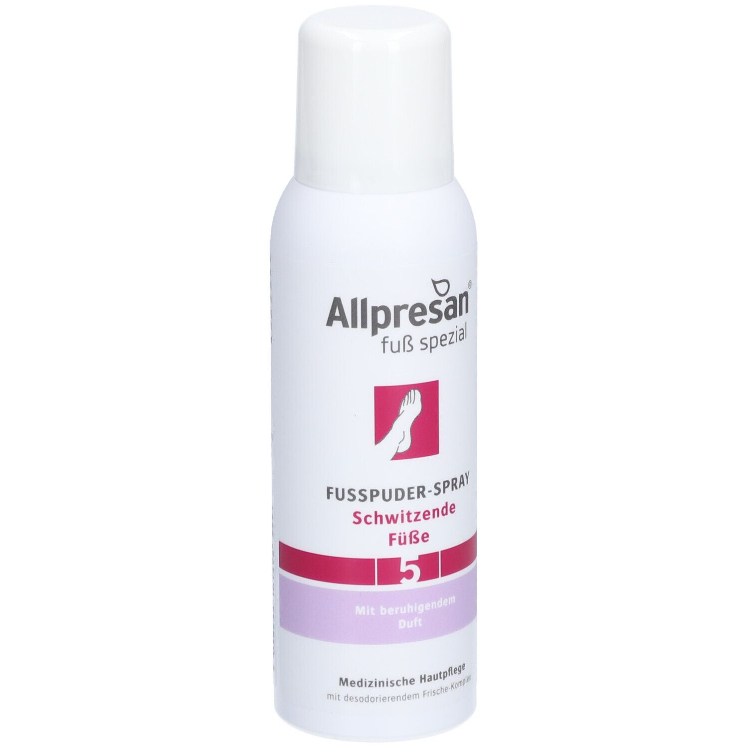 Weißes Spray mit weißem Deckel. Aufschrift: Allpresan Fuß spezial, Fußpuder-Spray, schwitzende Füße, 5. Mit beruhigendem Duft.