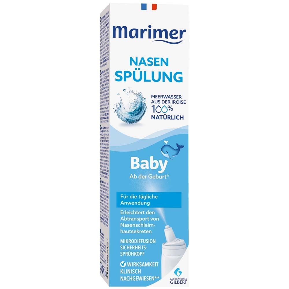 Nasenspray-Verpackung. Marke: Marimer. Baby-Nasenspülung. Blaue und weiße Verpackung mit Produktinformationen.