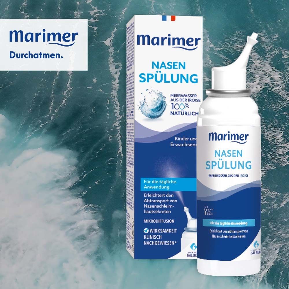 Produkt und Verpackung. Nasenspülung-Flasche und Schachtel. Produktname und Logo. Für Kinder und Erwachsene. Meerwasser.