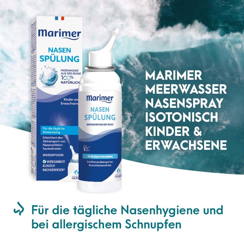 Produkt und Verpackung. Nasenspray-Flasche und Schachtel. Produktname und Logo. Für Kinder und Erwachsene. Meerwasser.