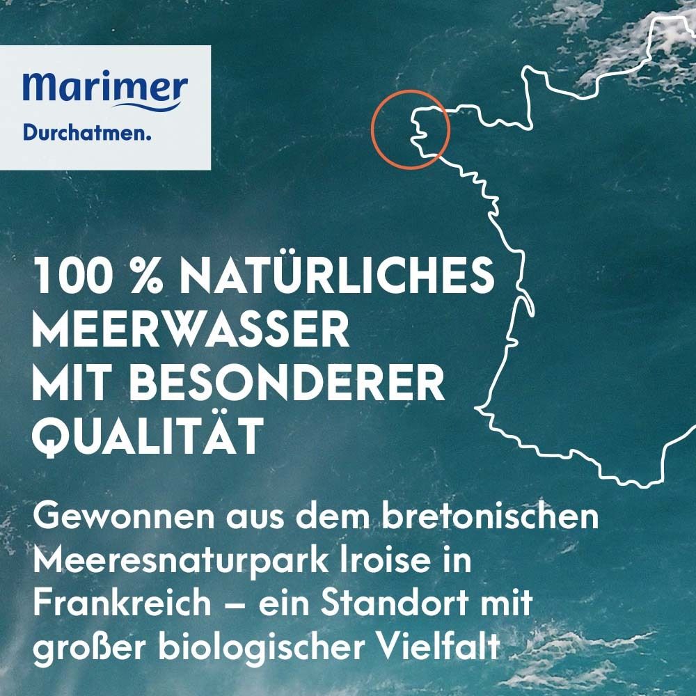 Karte mit Text. 100% natürliches Meerwasser. Gewonnen aus dem bretonischen Meeresnaturpark Iroise in Frankreich.