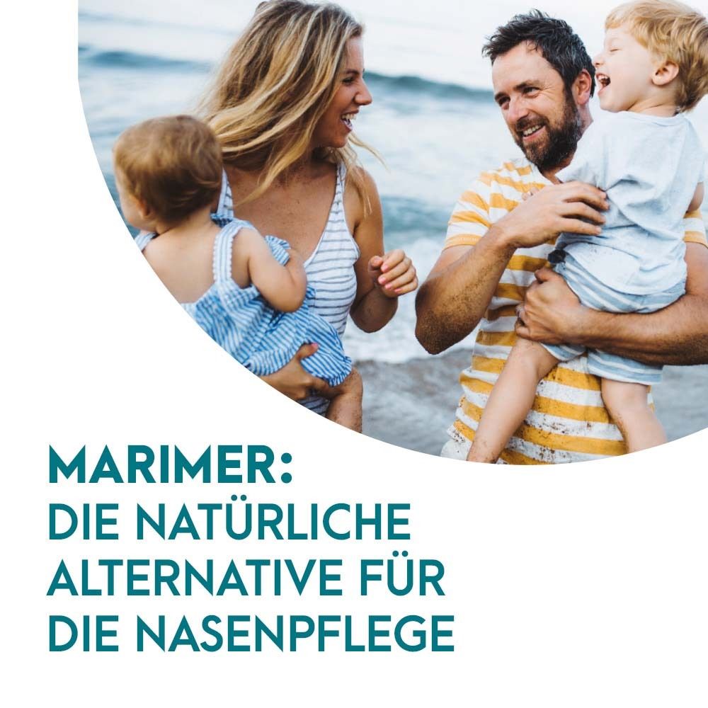 Familie am Strand. Text: Marimer: Die natürliche Alternative für die Nasenpflege.