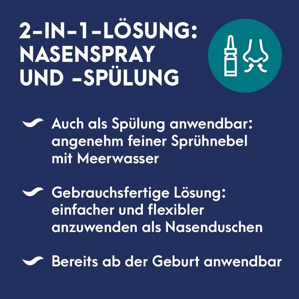 Infografik. 2-in-1-Lösung: Nasenspray und -spülung. Auch als Spülung anwendbar. Ab Geburt anwendbar.