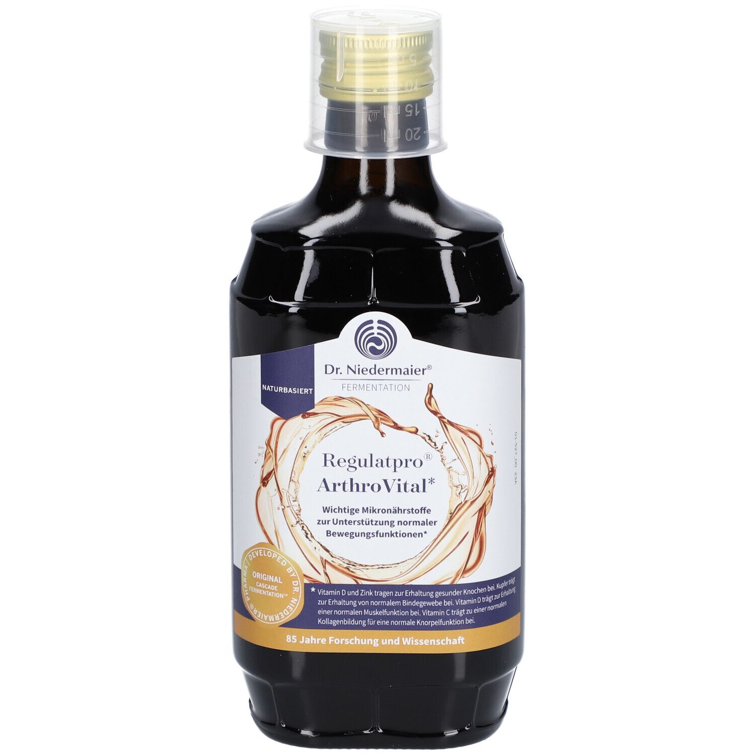 Braune Glasflasche mit weißem Etikett. Aufschrift: Dr. Niedermaier Regulatpro ArthroVital. Mit Schraubverschluss.