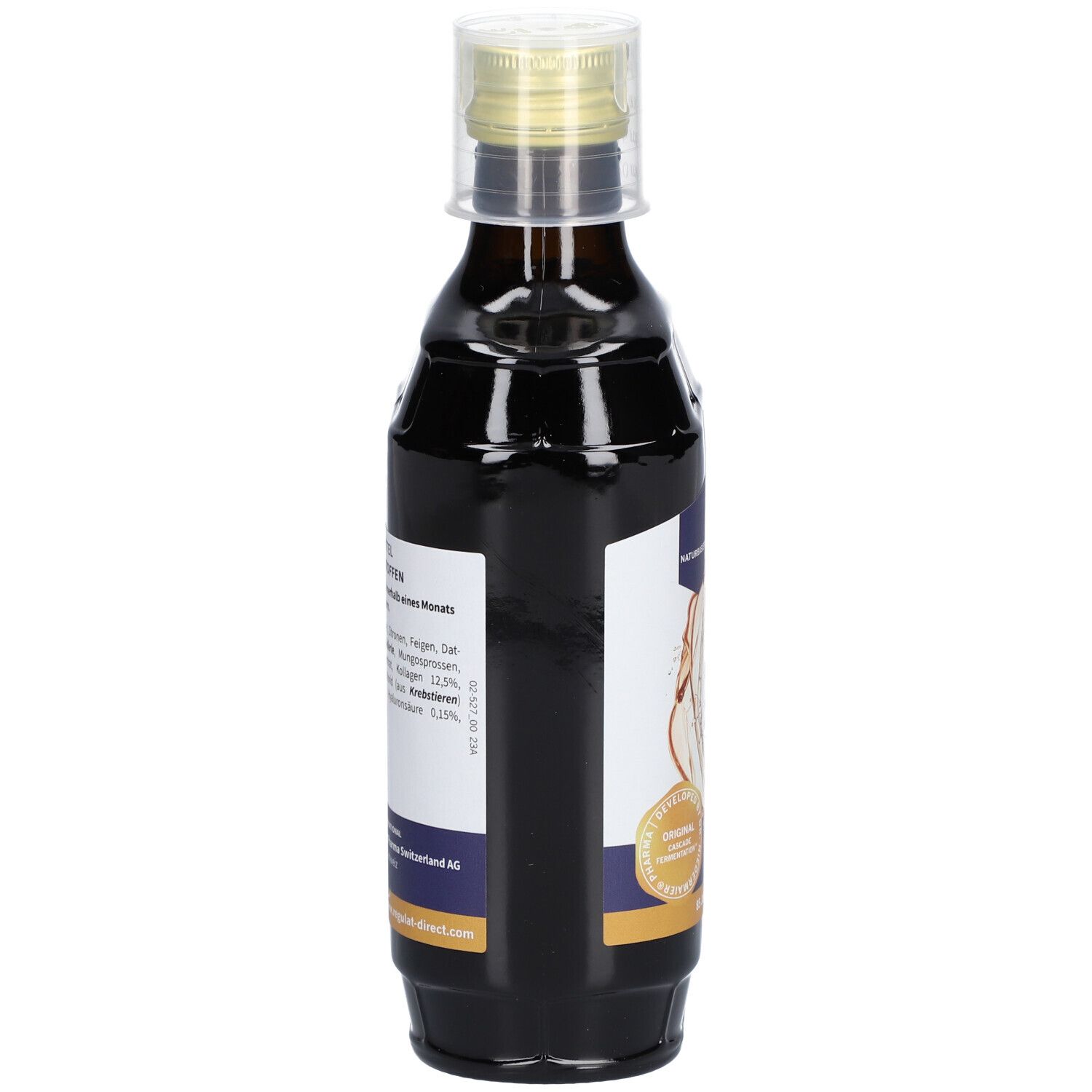 Braune Glasflasche mit weißem Etikett. Aufschrift und Inhaltsstoffe. Mit Schraubverschluss.