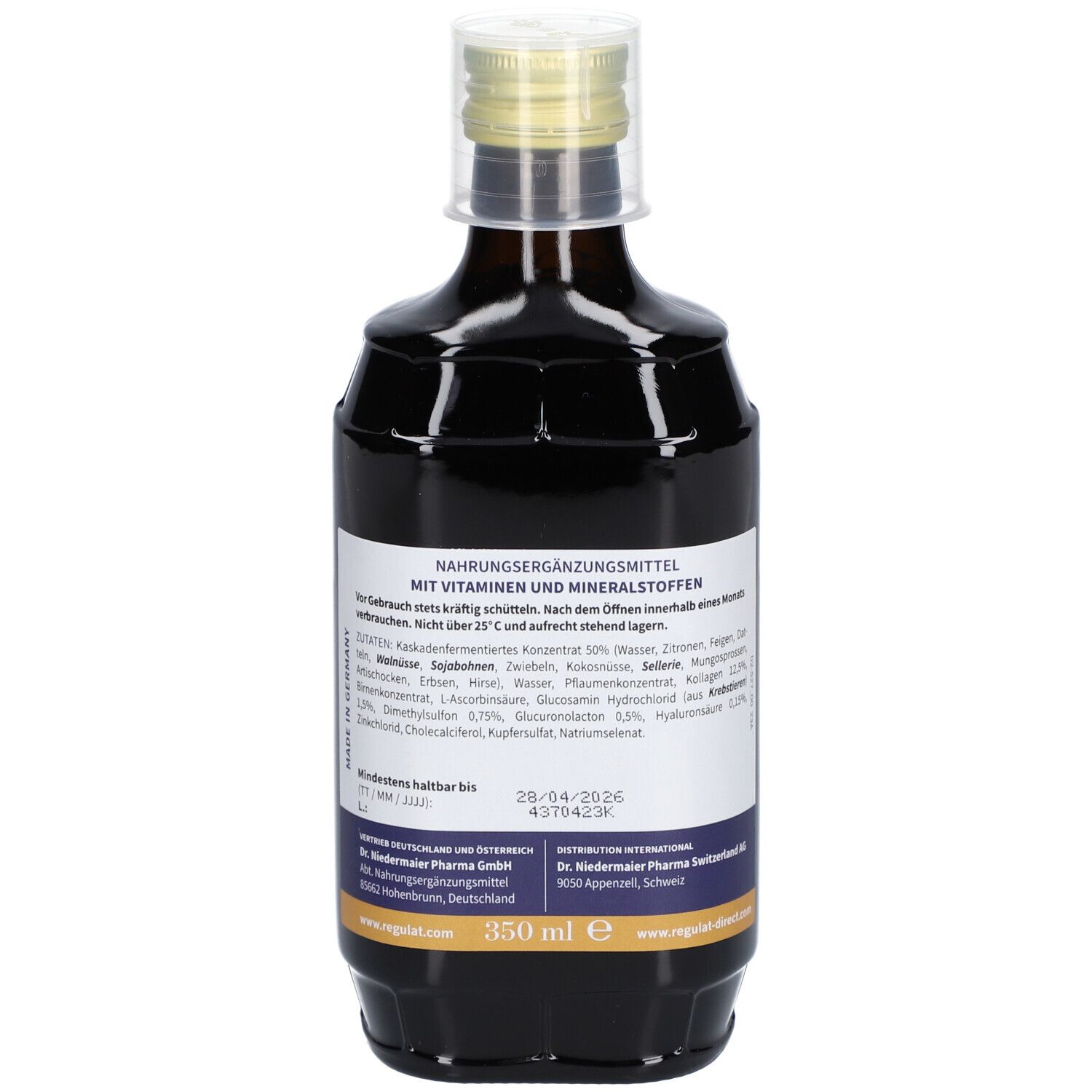 Braune Glasflasche mit weißem Etikett. Aufschrift und Inhaltsstoffe. Mit Schraubverschluss.