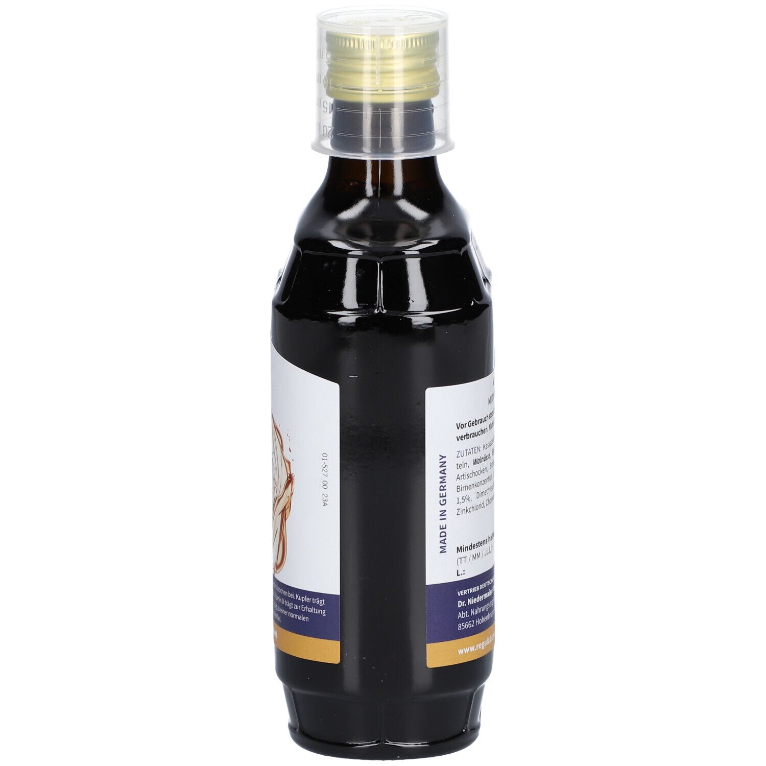 Braune Glasflasche mit weißem Etikett. Aufschrift und Inhaltsstoffe. Mit Schraubverschluss.